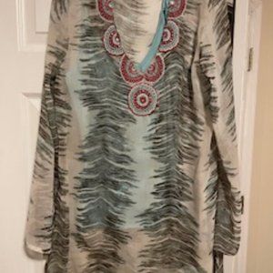 Resort wear Top sheer with beading and under top in ocean blue with stretch.